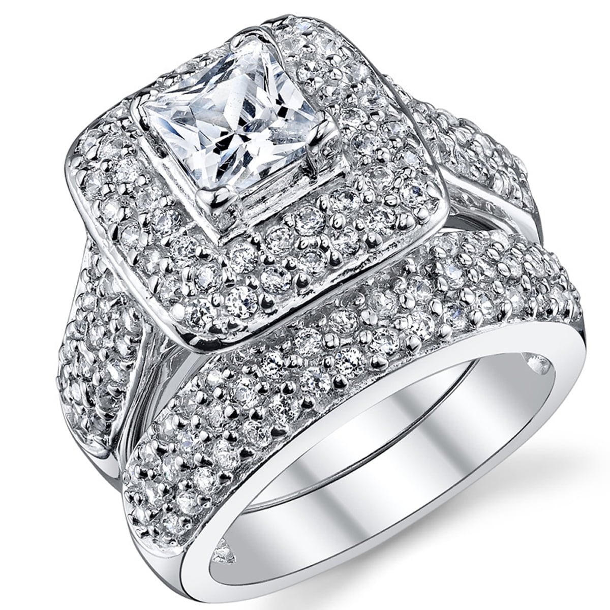925 Sterling Silver 1.75CT Princess Cut Diamond Engagement Wedding Trio Ring Set 