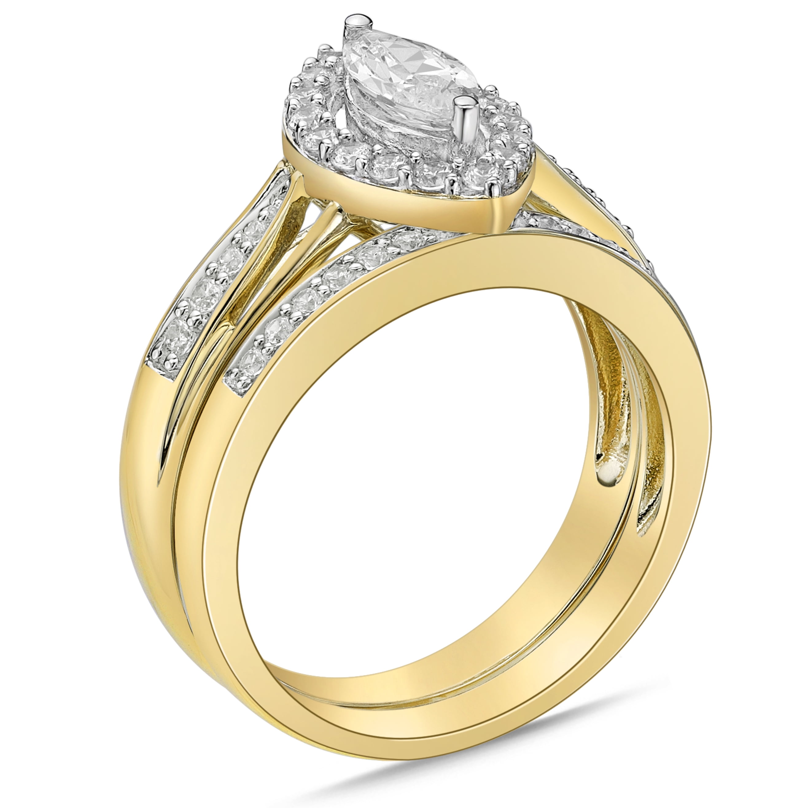 Sterling Silver with 14KY Gold Plated Marquise with Halo Simulated Diamond Bridal Set Rings