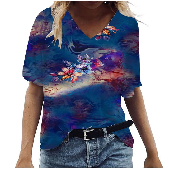 Birdeem T-Shirt à Col en V pour Femmes, Mode Décontractée, Grande Taille, Imprimé de Fleurs Pittoresques