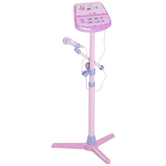 Qaba Kids Karaoke Disco Machine Toy Adjustable Microphone Speaker Stand Connected to iPod Phone MP3 Players Light Pink