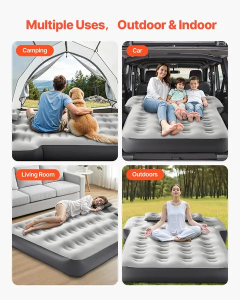 Car Air Mattress, Fits Toyota 4runner, Jeep Wrangler, Inflatable Car Camping Mattress, Flocking Thickened Blow Up Travel Beds, Durable Portable Sleeping Pad with Built in Pump, 2 Pillows, Gray