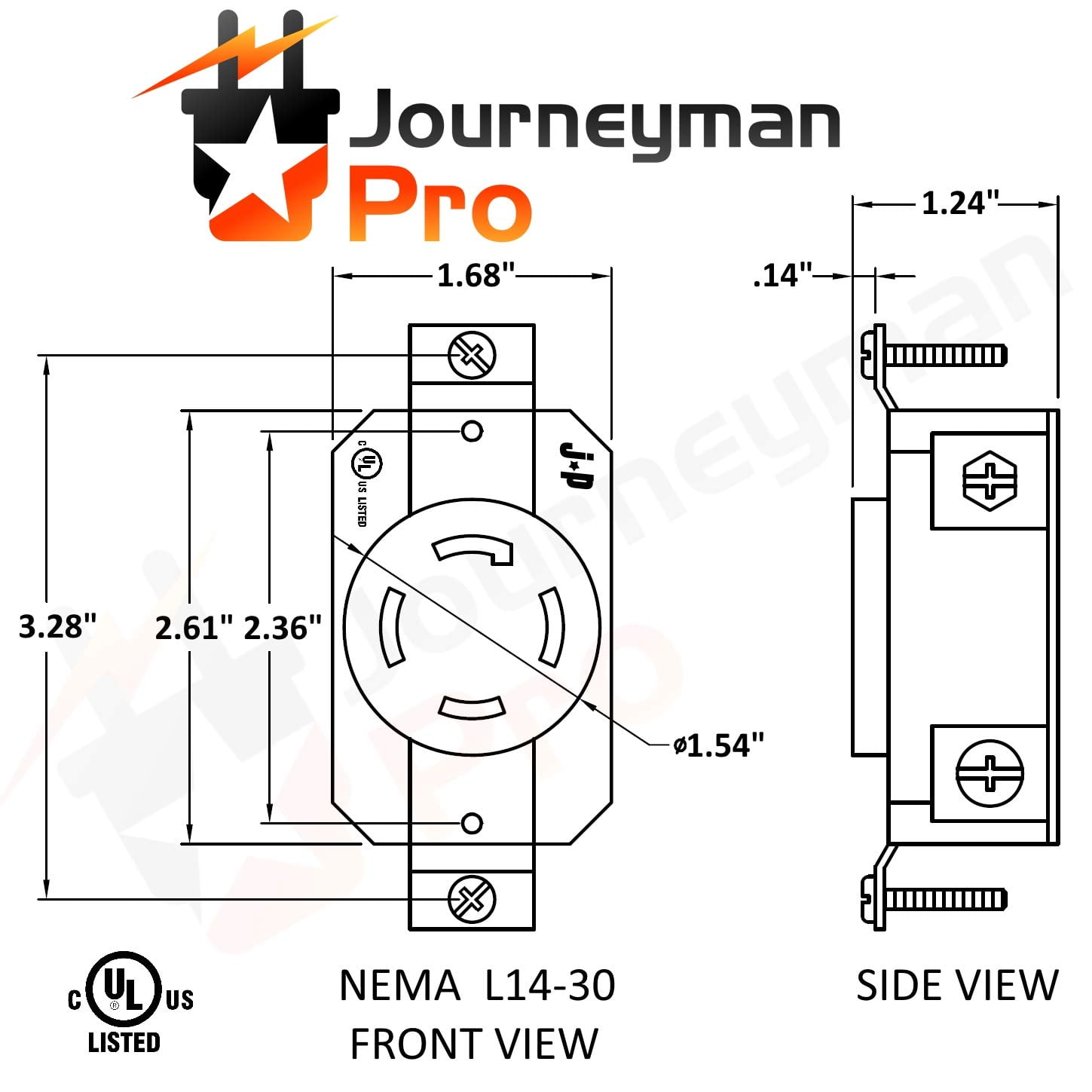 Journeyman-Pro 2710, NEMA L14-30R, 30A 125/250 Volt, Flush Mounting Locking Receptacle Socket/Outlet, Black Industrial Grade, Grounding Welding/Generator Rated 7500 Watts (1, 2710 w/SS Faceplate)