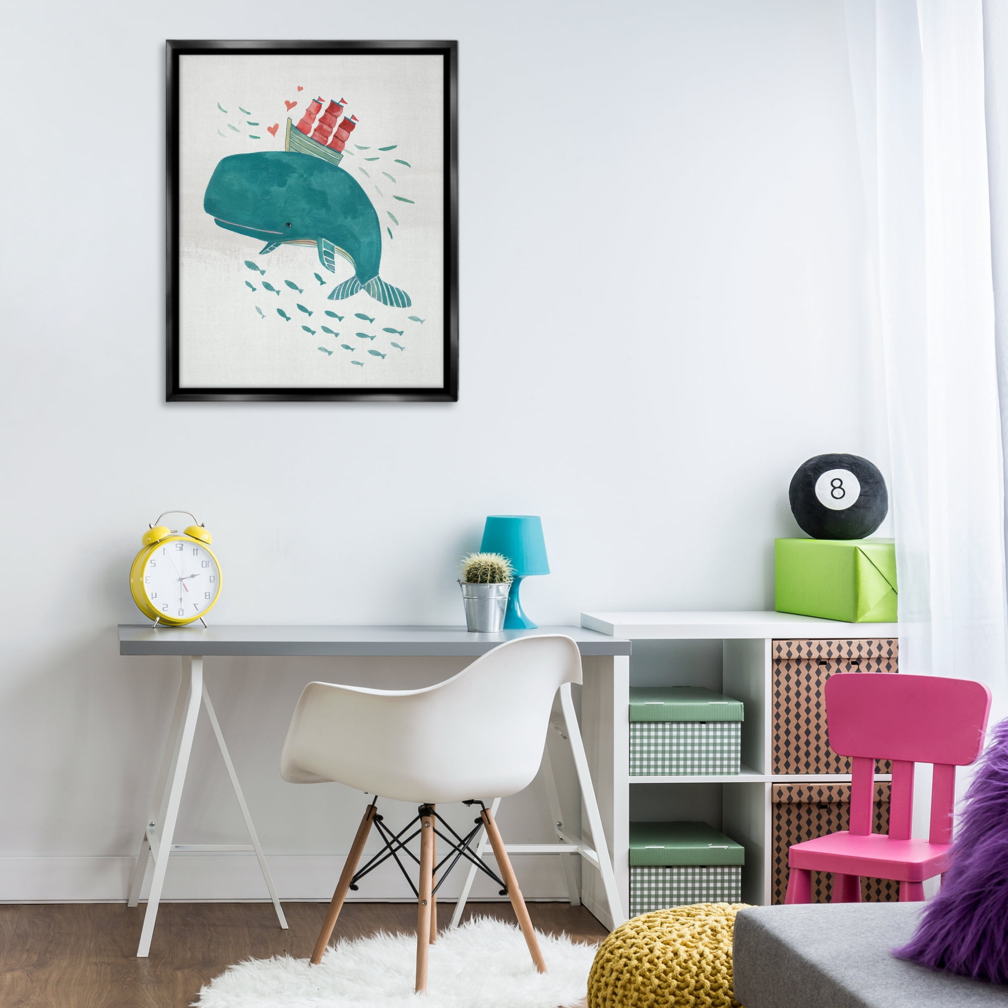 Stupell Industries Whale & Sailboat Diving Nautical & Beach Painting Black Floater Framed Canvas Art Print Wall Art, 25 x 31