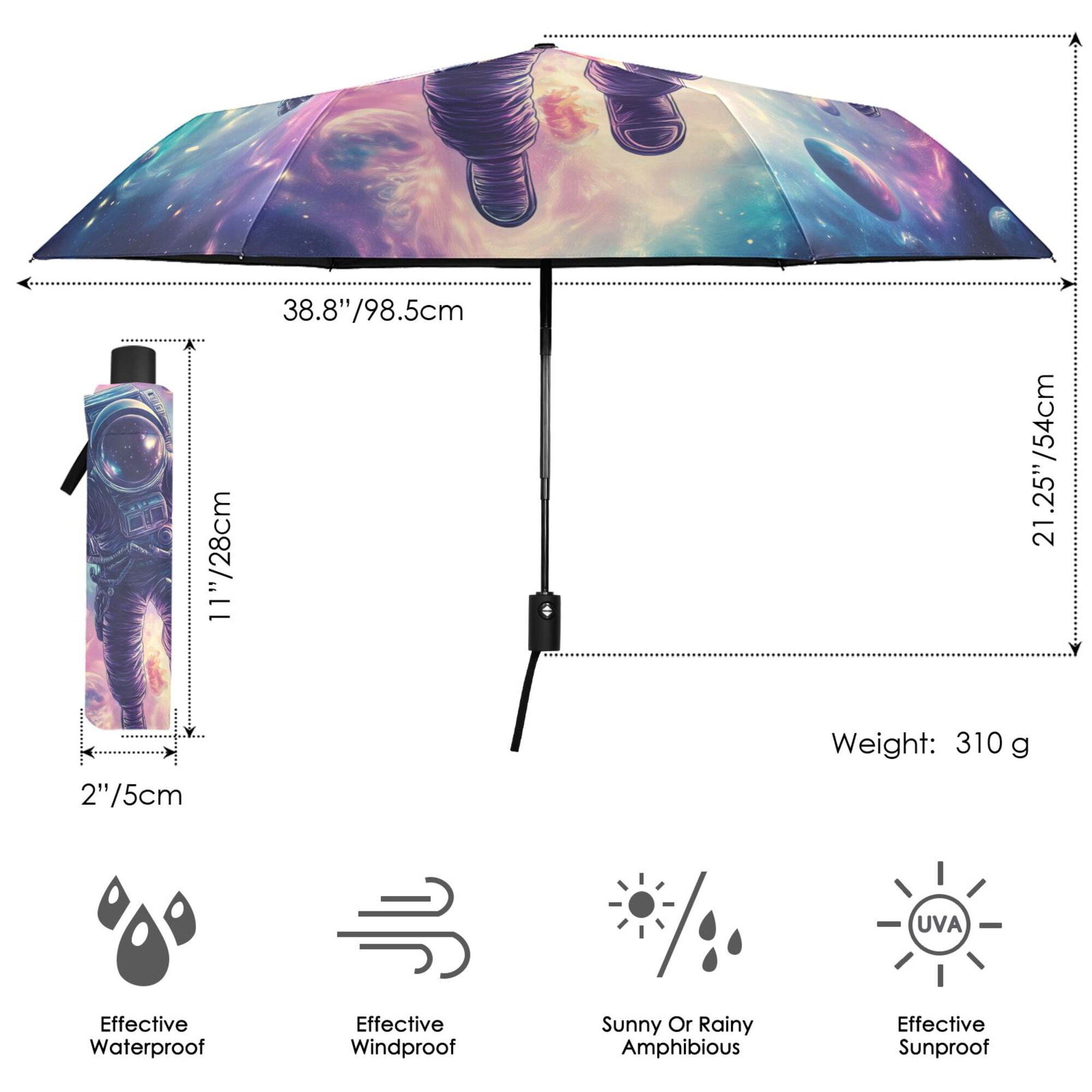 FORMRS Travel Umbrella Folding Auto Open Close Windproof Rain UV Protection, Astronaut Pattern