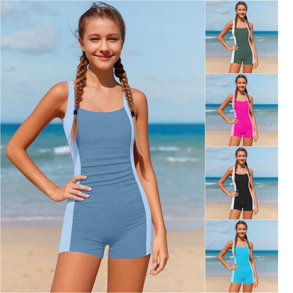 VOUZZA Girls One Piece Swimsuit Contrast Color Block Ruffle Bathing Suit with Removable Padded Cups Beach Swimwear