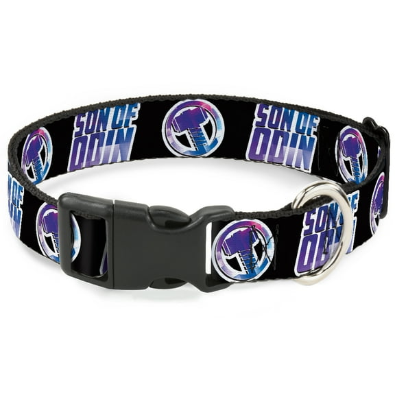 Marvel Comics Pet Collar, Dog Collar Plastic Buckle, Thor Son of Odin with Hamner Icon Black White Blues, 7 to 8.5 Inches 0.5 Inch Wide