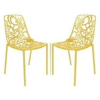 LeisureMod Stackable Dining Chair in Aluminum with Stackable and Floral Cutout Design Indoor Outdoor Use No Assembly for Modern Home, Kitchen, Patio Devon Collection in Yellow Set of 2