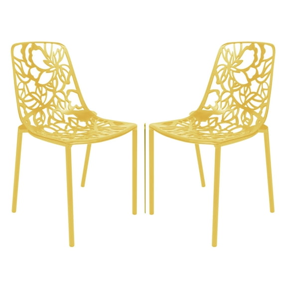 LeisureMod Stackable Dining Chair in Aluminum with Stackable and Floral Cutout Design Indoor Outdoor Use No Assembly for Modern Home, Kitchen, Patio Devon Collection in Yellow Set of 2
