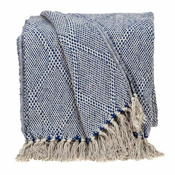 Blue & Beige Woven Handloom Throw with Tassels