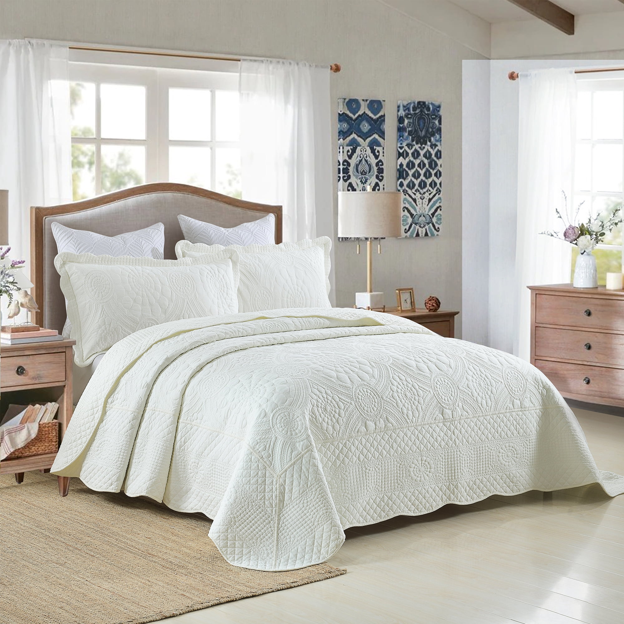 MarCielo  3Pcs 100% Cotton Oversized Quilt Bedspread Coverlet Set TF Premium White - Oversized King