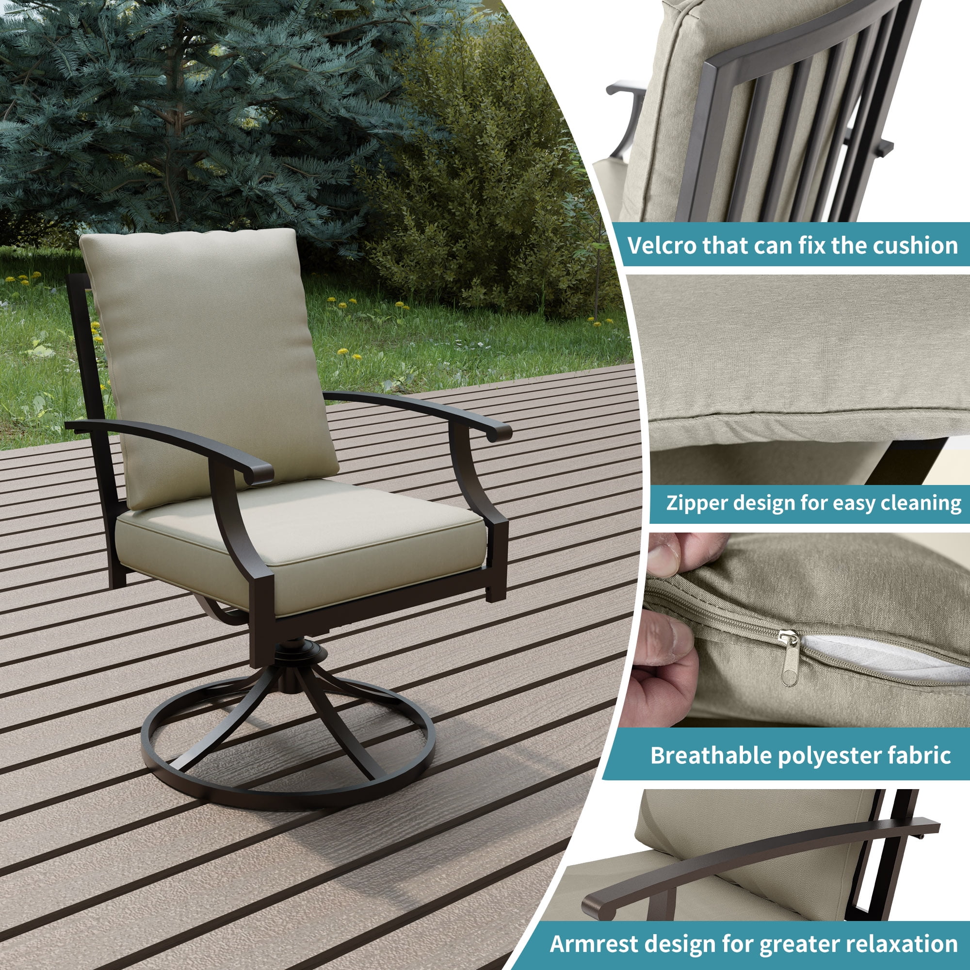 ALAULM Outdoor Dining Chairs Set of 6, Metal Frame Swivel Rocking Patio Chairs with 3.2" Cushion & Removable Covers for Patio, Backyard, Garden,Kitchen-Sand