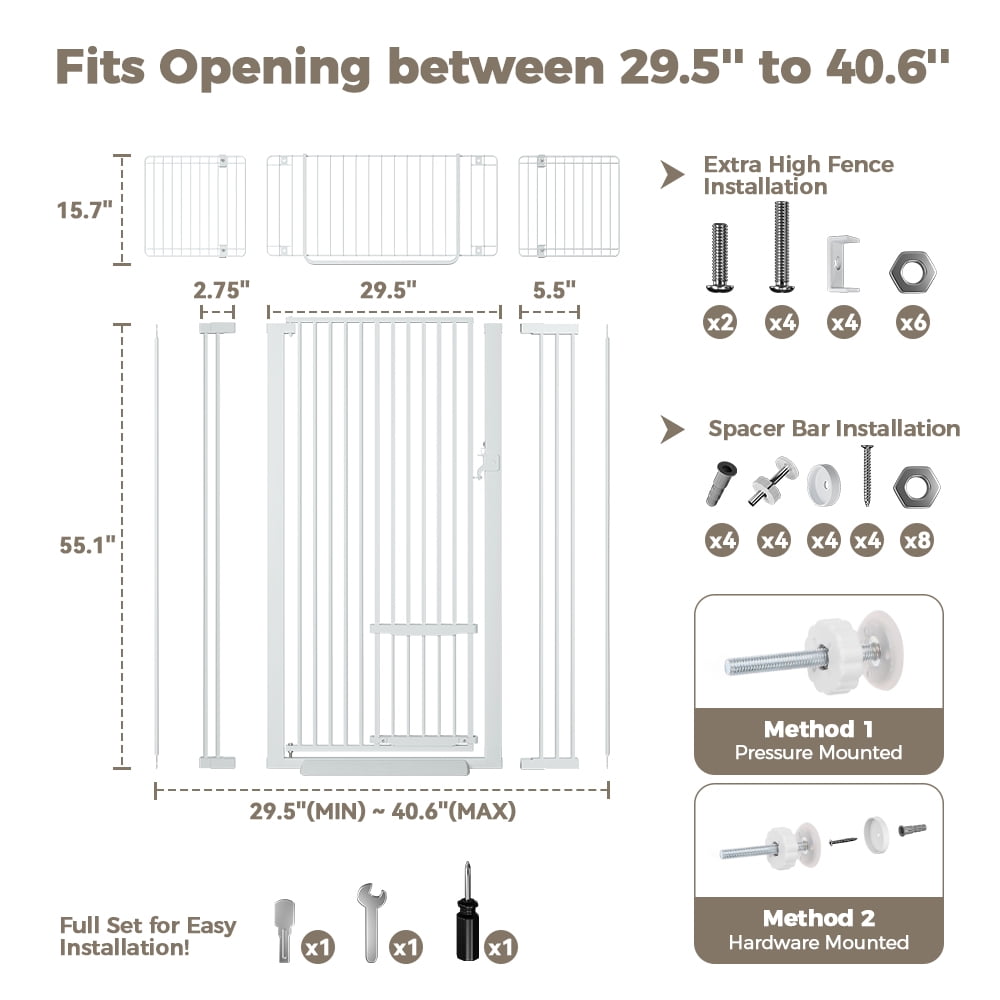 Cat Gate,Domipet 71 inch Extra Tall Pet Dog Gate with Cat Door,29.5''-40.6''Wide Gate for Cats,Walk Through Indoor for Doorways,White