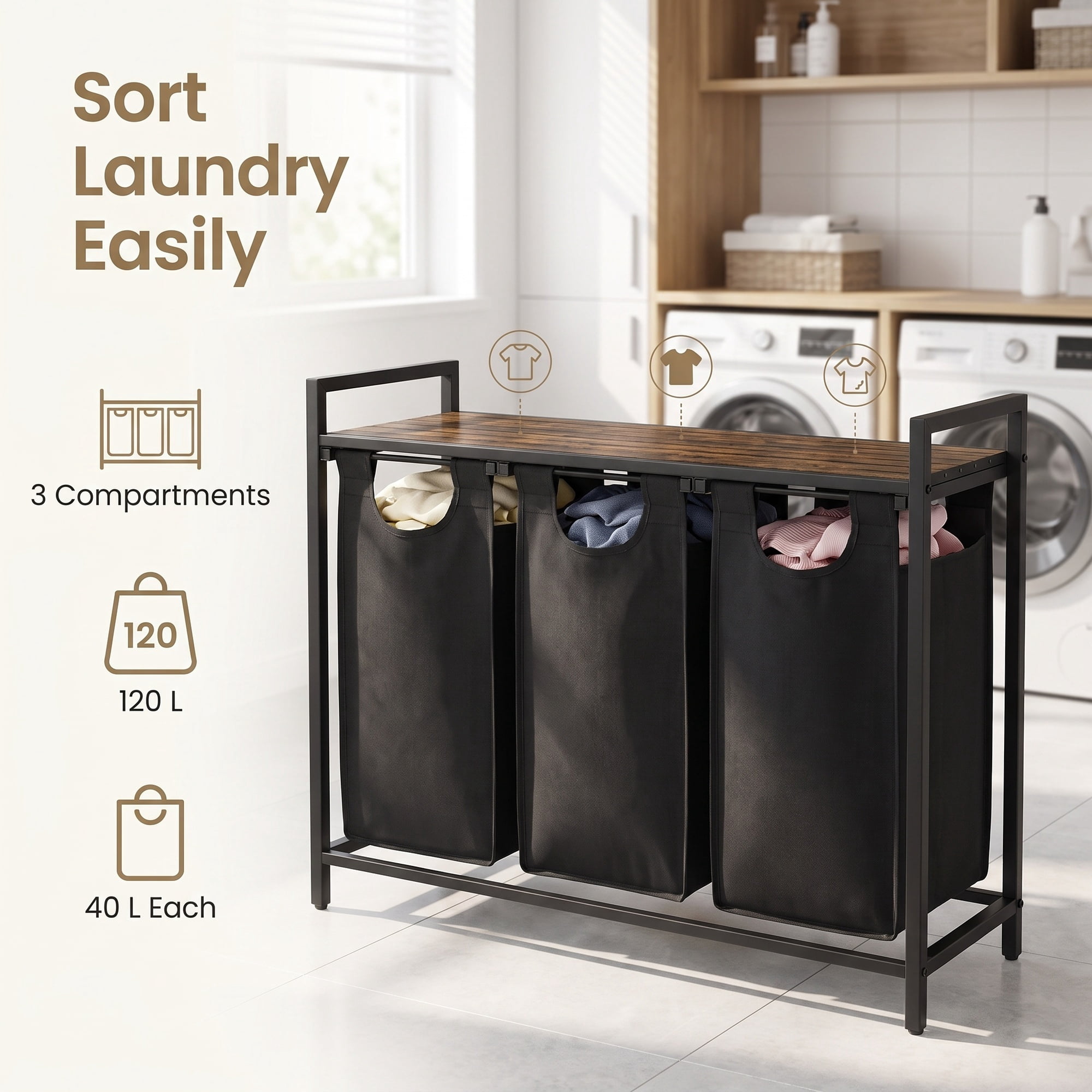 Ledrem 3-Compartment Laundry Sorter with Removable Bags for Home Organization, Ink Black/Rustic Brown