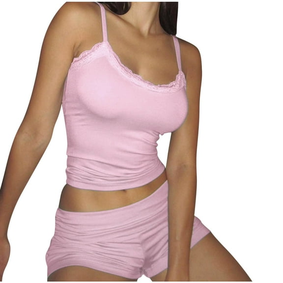 tarylea Summer Pajamas for Women Set Spaghetti Strap Lace Blocked Tank Tops Stretch Shorts Solid Color Casual Fitted Comfy Homewear