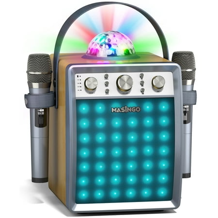 UPC: 5060893140349 | MASINGO 2023 Karaoke Machine for Adults & Kids with 2 Wireless Microphones – Portable Singing PA Speaker System Set w/Two Bluetooth Mics  Disco Ball Party Lights & TV Cable – Ostinato M7 (Wood)