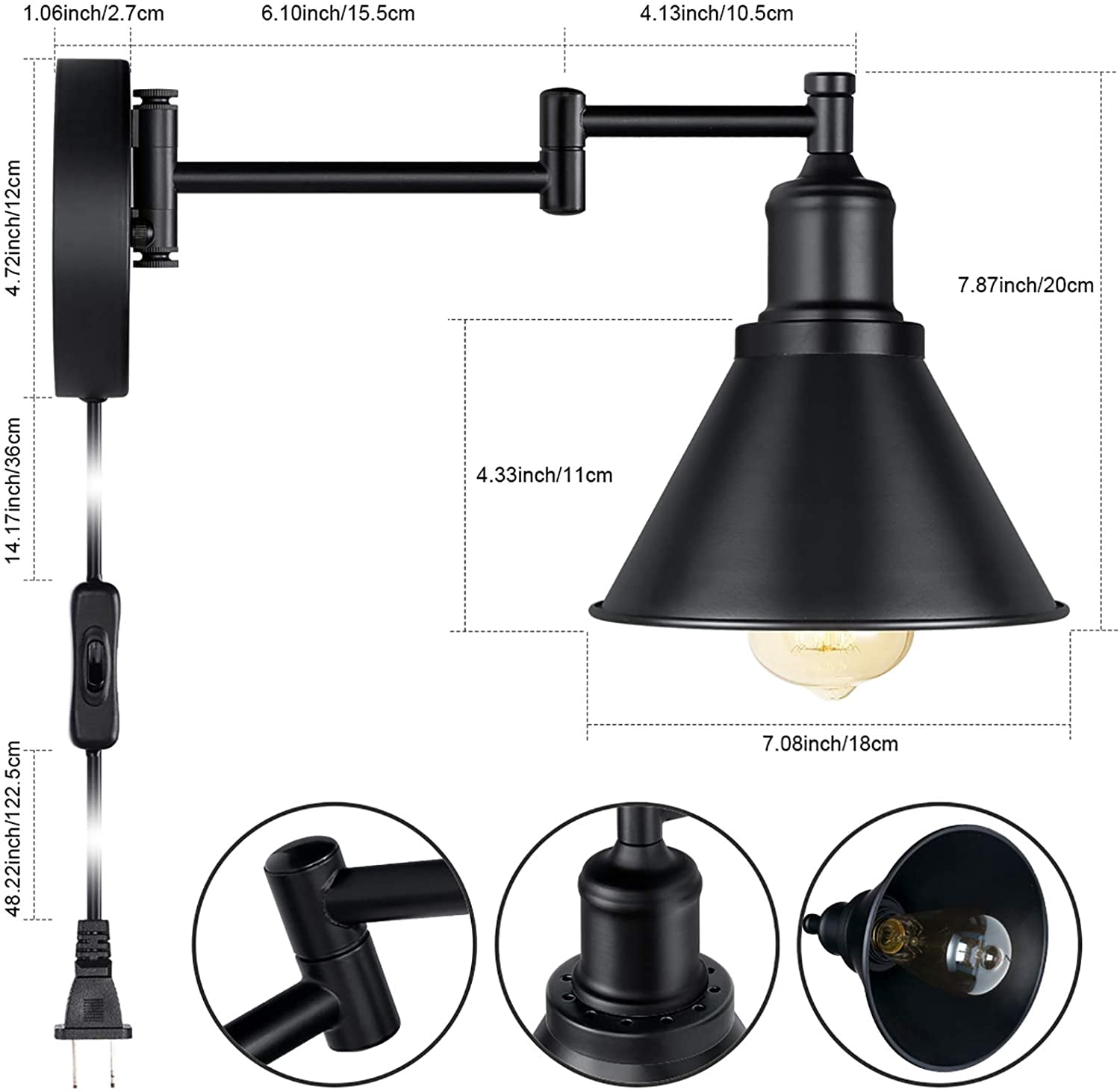 IC Swing Arm Wall Light Fixtures Set of 2 Wall Light Plug-in Cord with On Off Switch on Cord Industrial Wall Sconce Black Finish