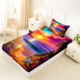 thumbnail image 4 of jejeloiu Floral Beach Sunset Twin Sheets For Girls,Ocean Palm Shoreline Bedding,Purple Pink,3-Piece,1 Fitted Sheet and 1 Pillowcase, 4 of 6