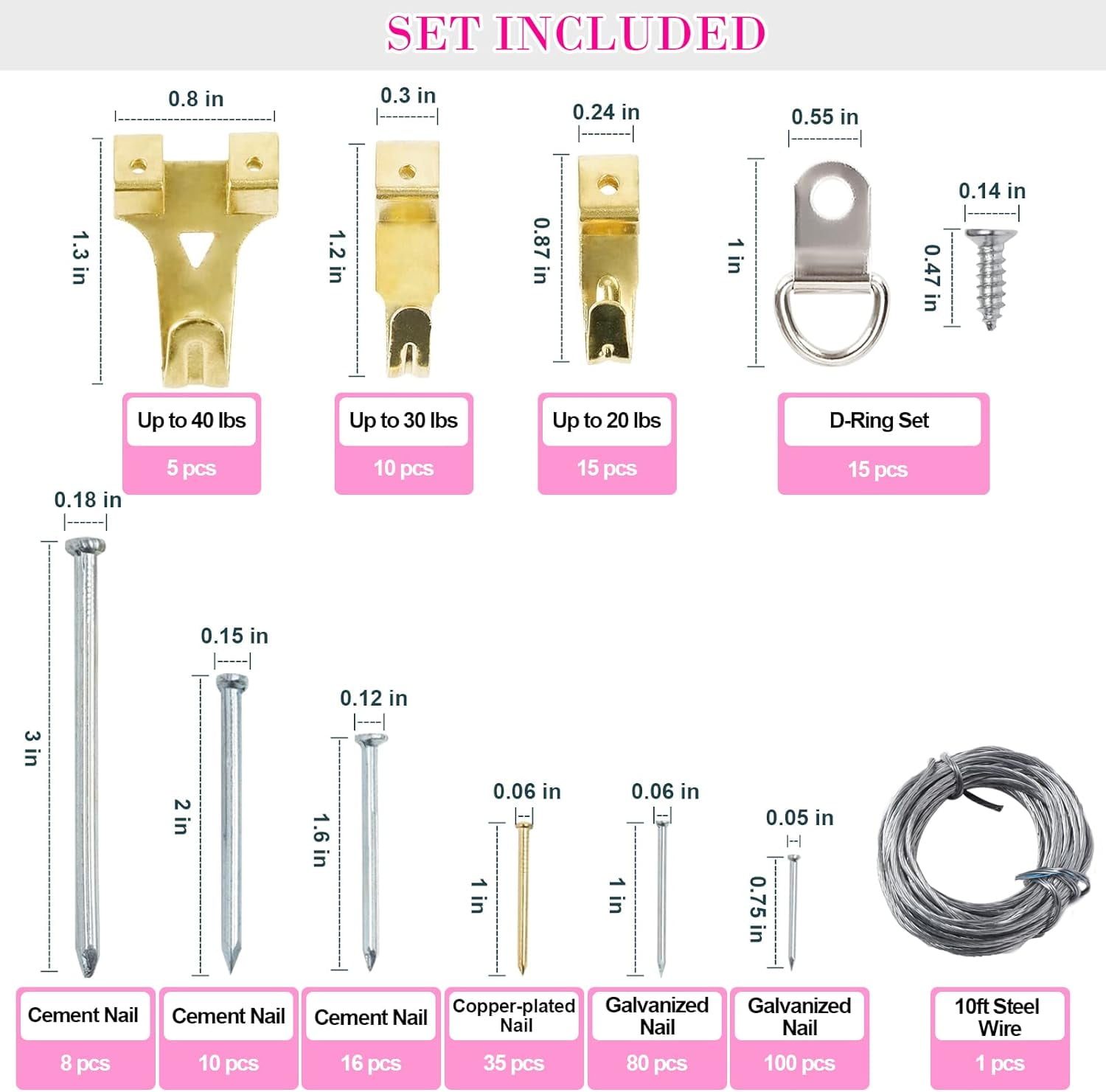 Picture Hanging Kit, 315pcs Hanging Hardware with Hooks, Wire, Nails, D Ring, Wall Hanging Kit with Hangers, Magnetic Level and Small Pink Claw Hammer, nails for hanging pictures for Home Decor