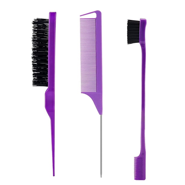 Juego de peines de peluquería de 3 piezas, cepillo para el cabello, peine de cola de rata, cepillo de borde para cepillar bordes y espalda, peinar y alisar el cabello para mujeres (púrpura) ER
