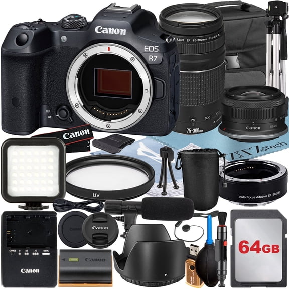 Canon EOS R7 Mirrorless Camera with RF-S 18-45mm   75-300mm Lens   Mount Adapter   SanDisk 64GB Card   ZeeTech Accessory Bundle (International Version)