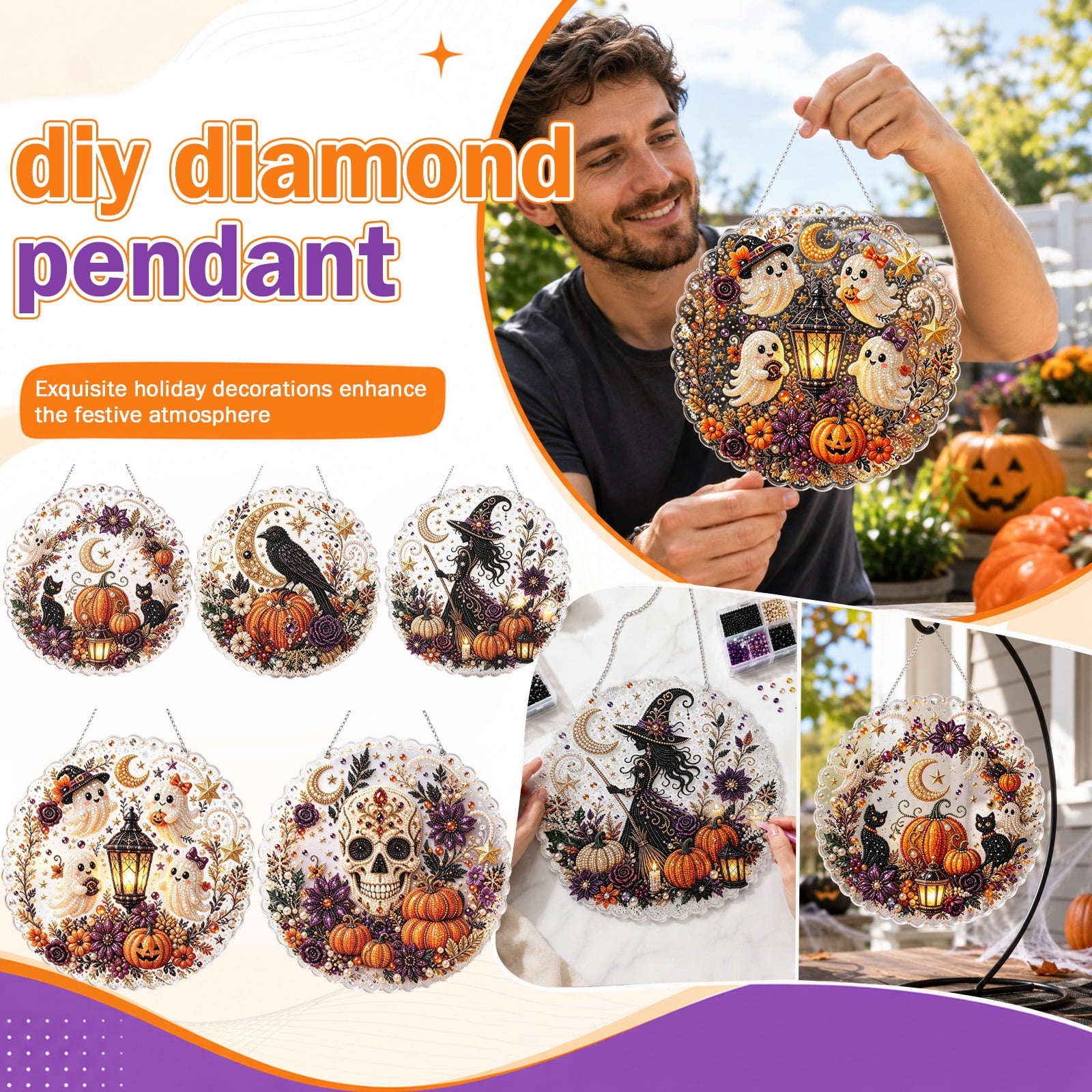 Halloween Diamond Painting Kit with Pre-Printed Round Acrylic Canvas and Diy Sparkling Gem Accessories Hanging Halloween Decorations for Home Wall Or Door Display Seasonal
