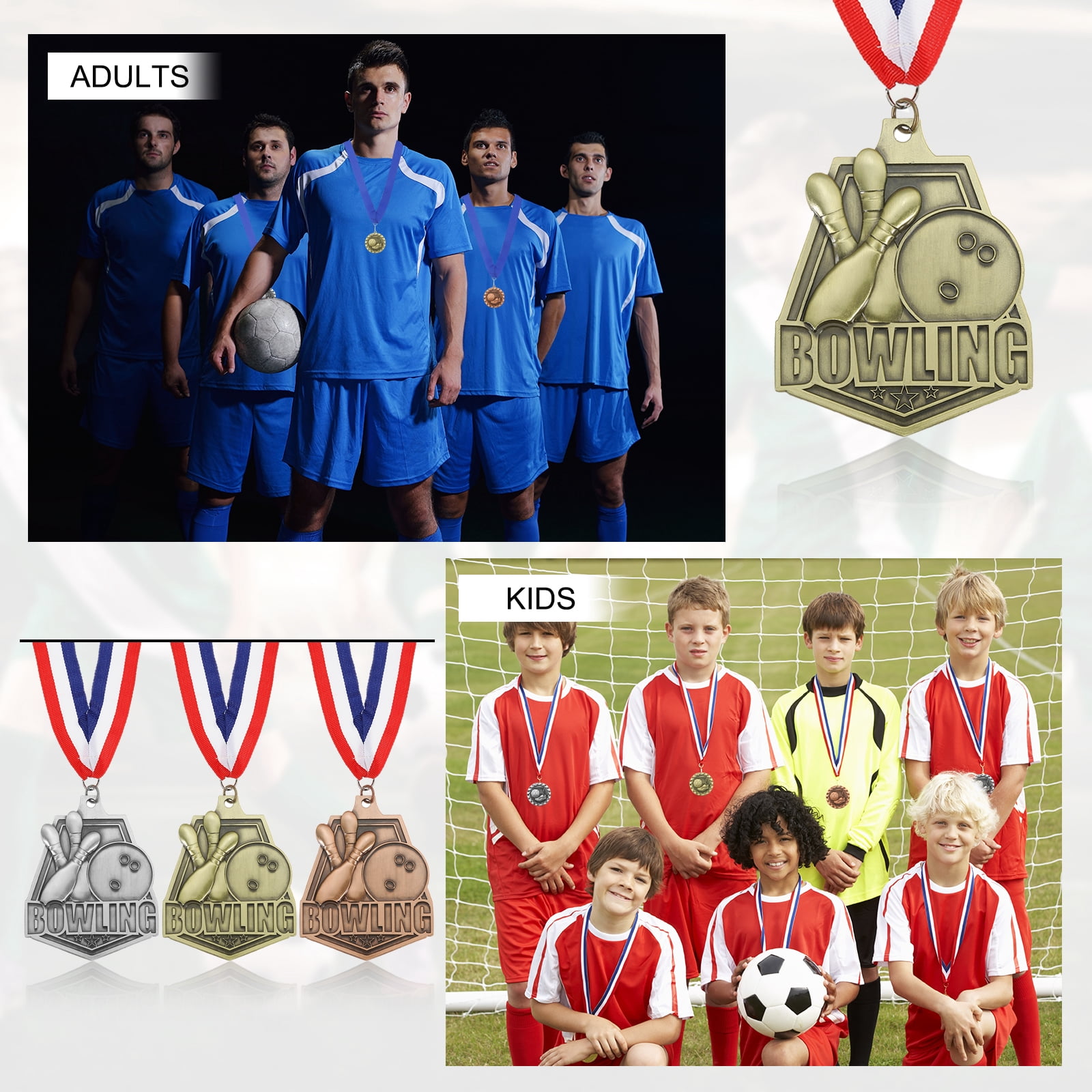 Uxcell Bowling Games Embossing Gold Silver Bronze Award Medals with Red & White & Blue Ribbons, 9 Pcs Winner Medals Prizes for Competitions Sports Party, Gold/Silver/Red