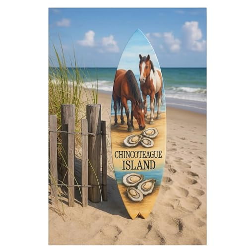 JennyGems Outdoor Chincoteague Island Virginia Decorative Surfboard Sign, Wild Horses and Oysters Design, Indoor Outside PVC Wall Art (3 Foot)