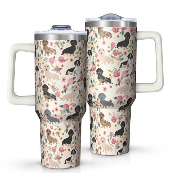 OBREWU Dachshund and Flower Tumbler with Handle and Lid,Dachshund and Flower 40oz Double Wall Vacuum Insulated Tumbler,Cups Gift for Women and Men
