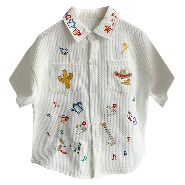 Hiiyo Big Boys Cartoon Embroidery Shirt Summer Short Sleeve Button Up Shirt, Sizes 2-12