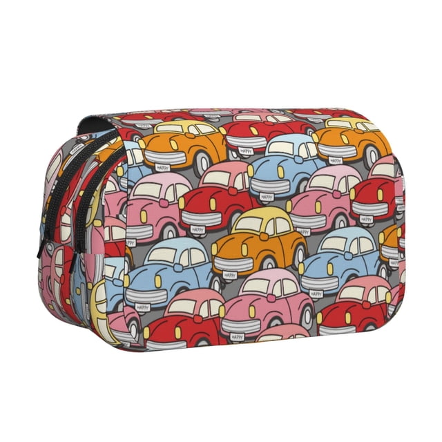 Disketp Cute Cars Estuche de Lápices de Doble Capa con Tapa Abatible y Cremallera, Organizador Escolar para Adolescentes y Adultos