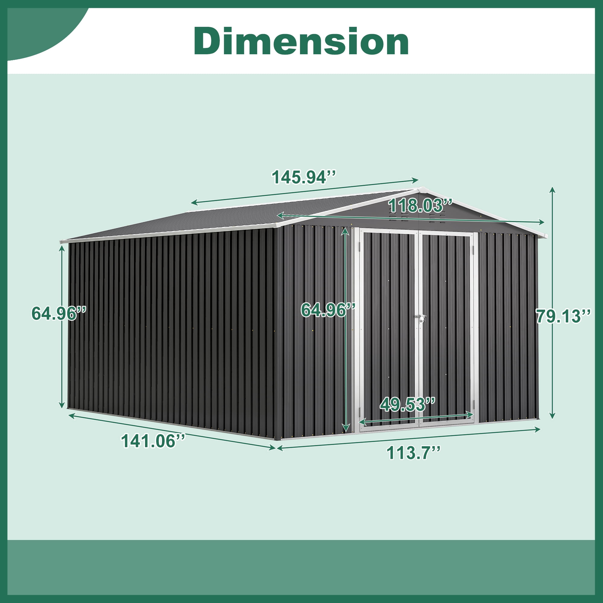 DetalleGo 10x12FT Metal Storage Shed - No Foundation Needed! Lockable Double Doors (49.5"x65"), Aluminum Frame & Galvanized Steel, All-Weather Garden Shed for Lawn Mower/Tools