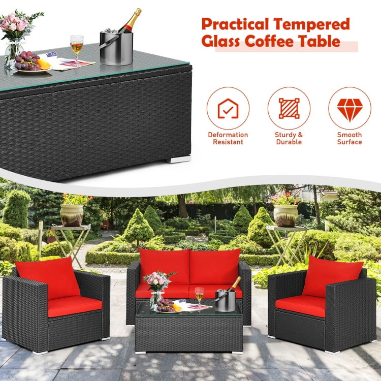 Aimee Lii 4 Pieces Patio Rattan Conversation Set, Small Patio Set with Padded Cushion and Tempered Glass Coffee Table, Red