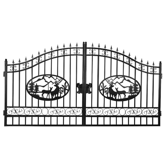 Chery Industrial Steel Metal Outdoor Dual Swing Iron Gate, Vienna Style for Yard, Backyard Patio - 14'Deer