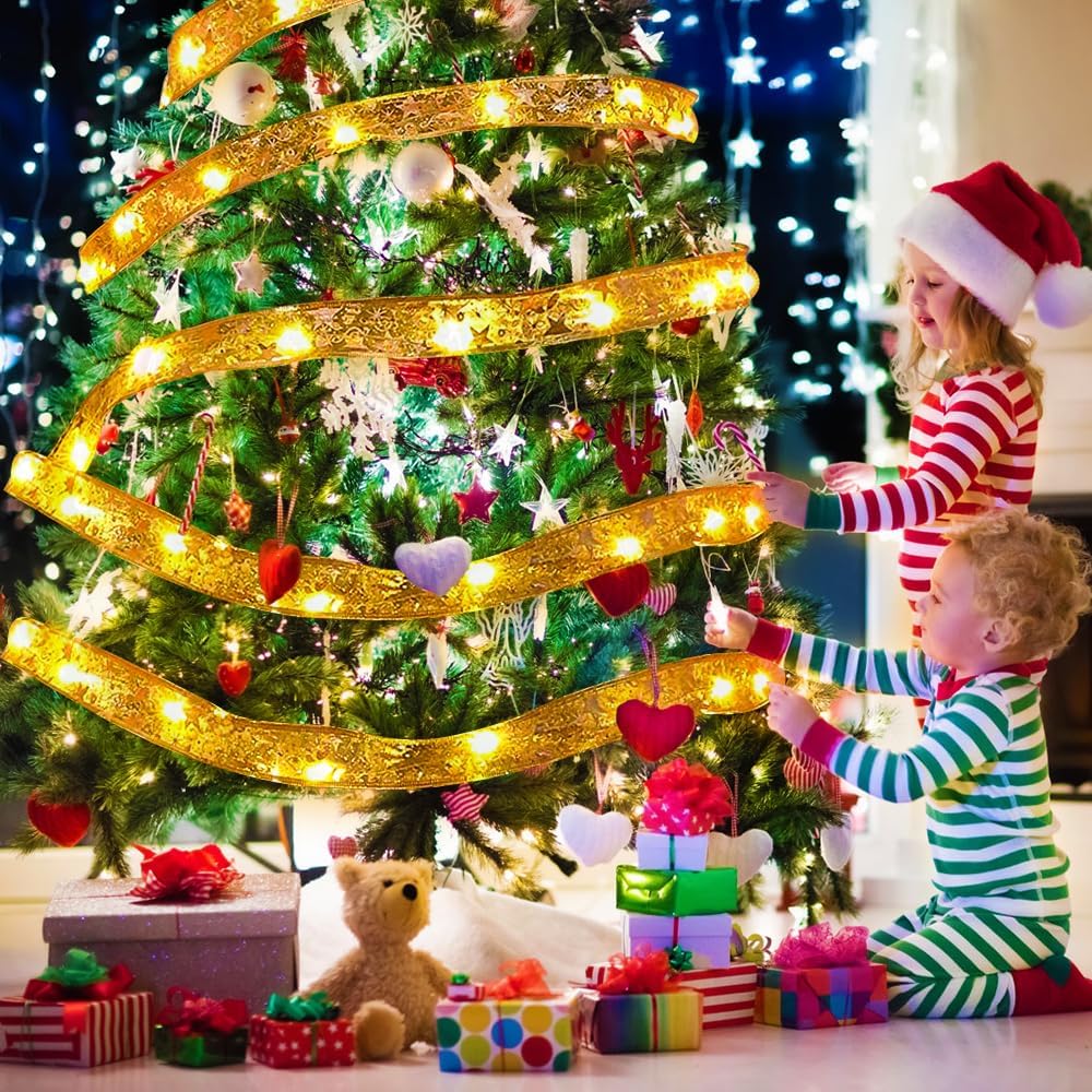 LINLIN Christmas Ribbon Lights, 13ft 40 Light Gold Warm Christmas Fairy Light Xmas String Light Up Ribbon Bows for Indoor Christmas Holiday Party Decoration Supplies