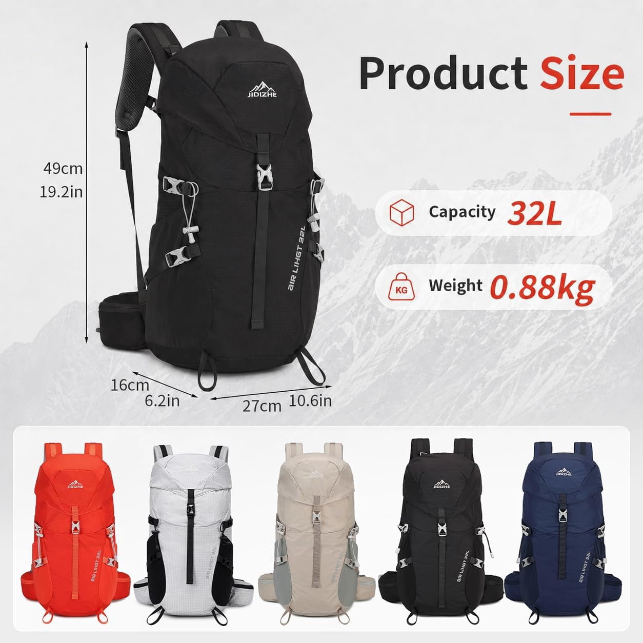 JIDIZHE 32L Hiking Backpack with Internal Frame and Rain Cover, Lightweight Pack Equipped with Adjustable Chest Strap, Breathable Unisex Daypack for Hiking, Camping and Travel，Black