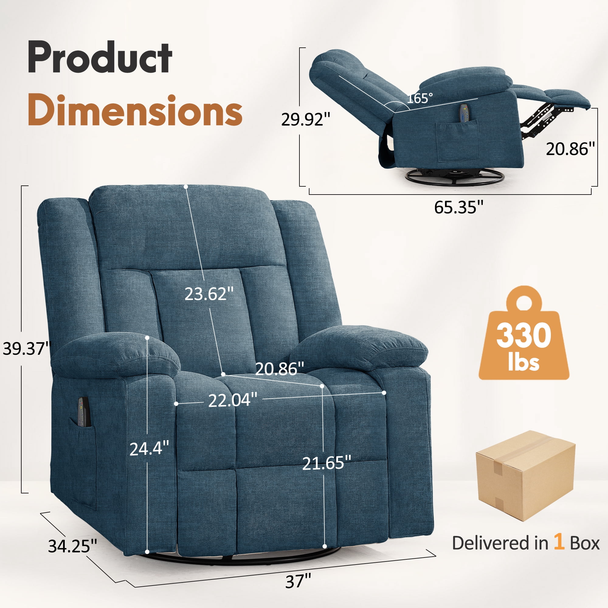Korser 360°Swivel Rocker Recliner with Massage and Heating,Rocker Recliner Chair for Adults with Side Pockets Nursery Glider Recliner for Living Room,Chenille,Blue