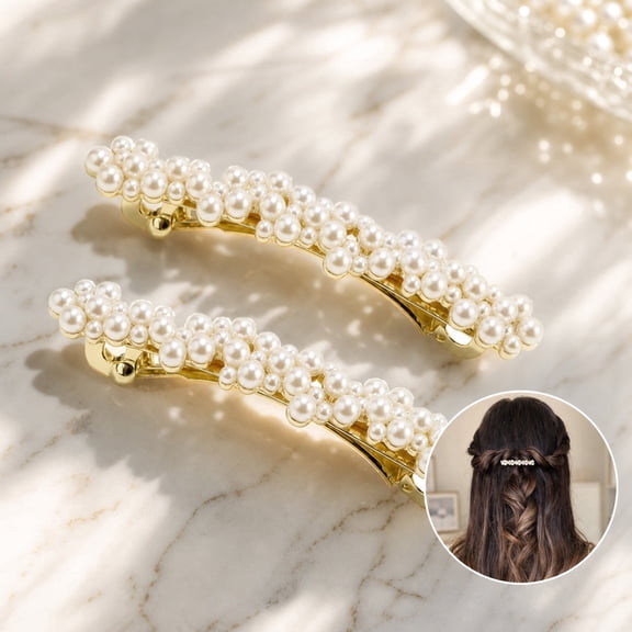 2 Pcs Pearl Hair Clips Tutuviw Pearl-Embellished Barrette, Elegant French Fancy Hair Pins, Pearls Hair Clips Barrettes for Women, Brides, Party, Wedding, Daily Use, Graduation