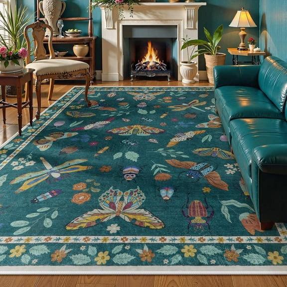 Moynesa 9'x12' Insect Area Rugs for Living Room Bedroom, Soft Washable Rugs 9x12ft Stain Resistant, Ultra-Thin Non-Slip Dining Room Rug Non-Shedding Accent Carpet for Office,Green