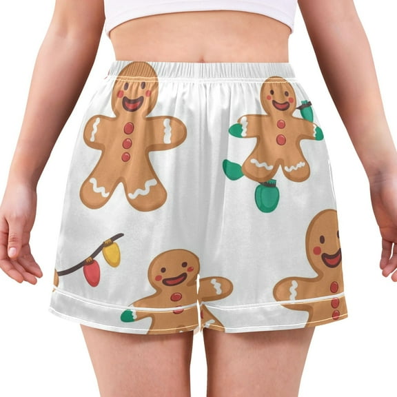 Women's Satin Pajama Shorts Gingerbread Man Element with Pockets, Elastic Waist Sleep Lounge Shorts