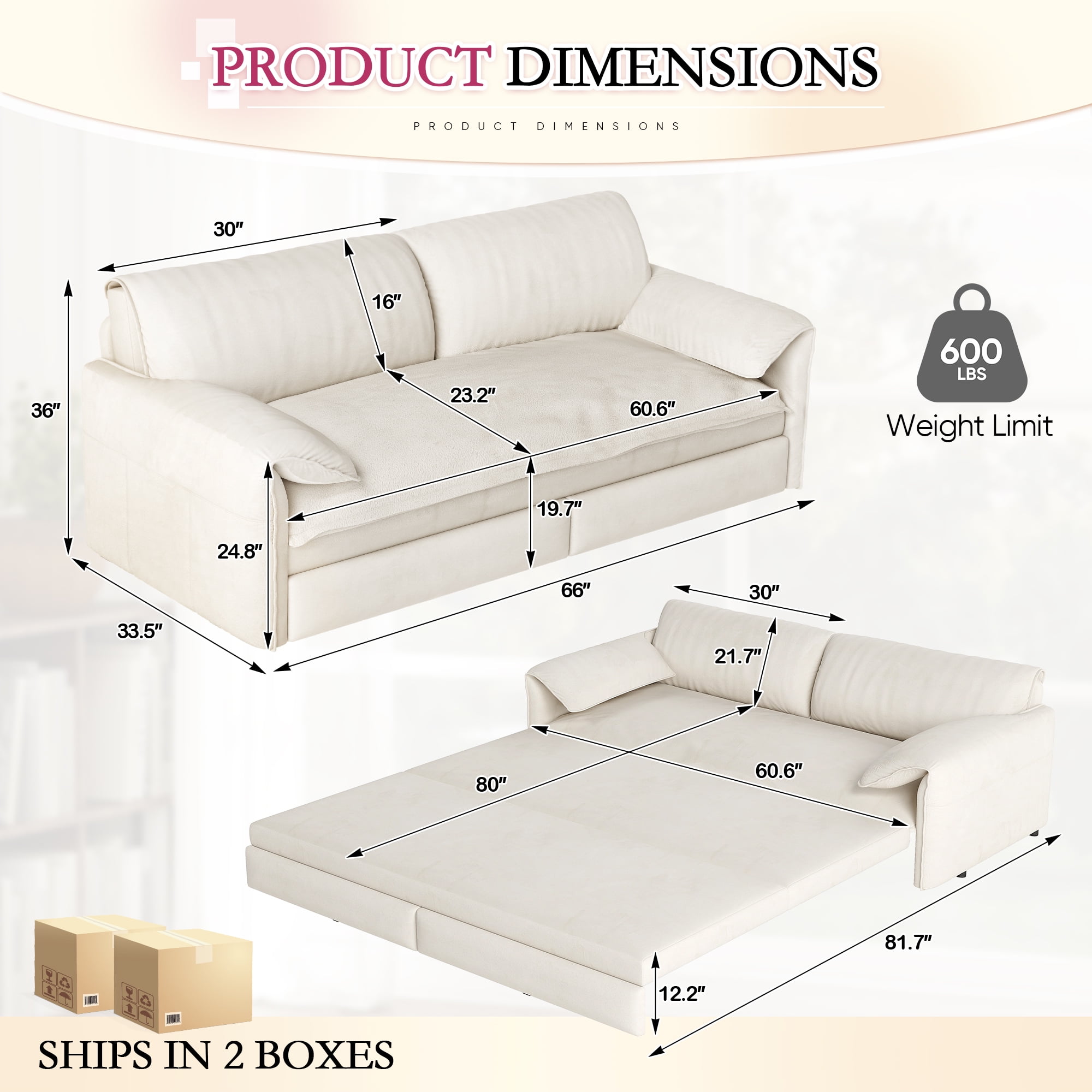 Timbernest 66" Queen Pull Out Sofa Bed, 3-in-1 Convertible Sleeper Sofa with Side Storage, Velvet Loveseat Couch for Living Room, Beige