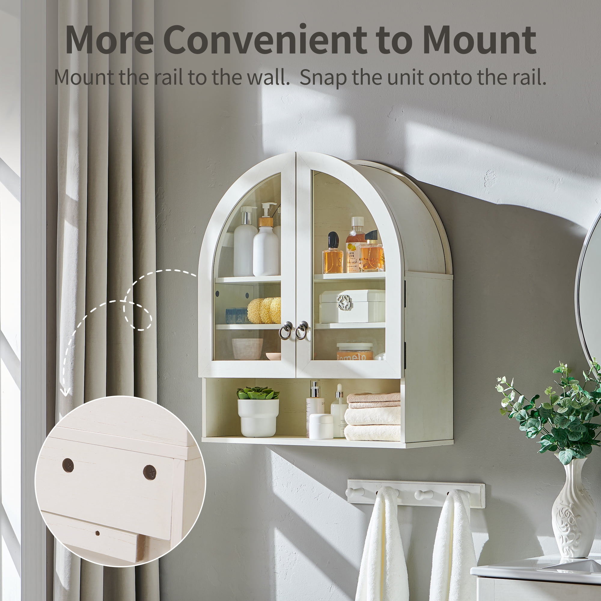 SinCiDo Arched Wall Cabinet Set of 2 with Adjustable Shelves & Glass Doors, White