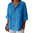 thumbnail image 6 of Weikingp Dressy Summer Tops For Women Linen Shirt for Women V Neck Collared Blouse Casual Tops Short Sleeve Button Down Women Camp Shirts For Women Trendy Shirts For Women 2025 Blue L, 6 of 6