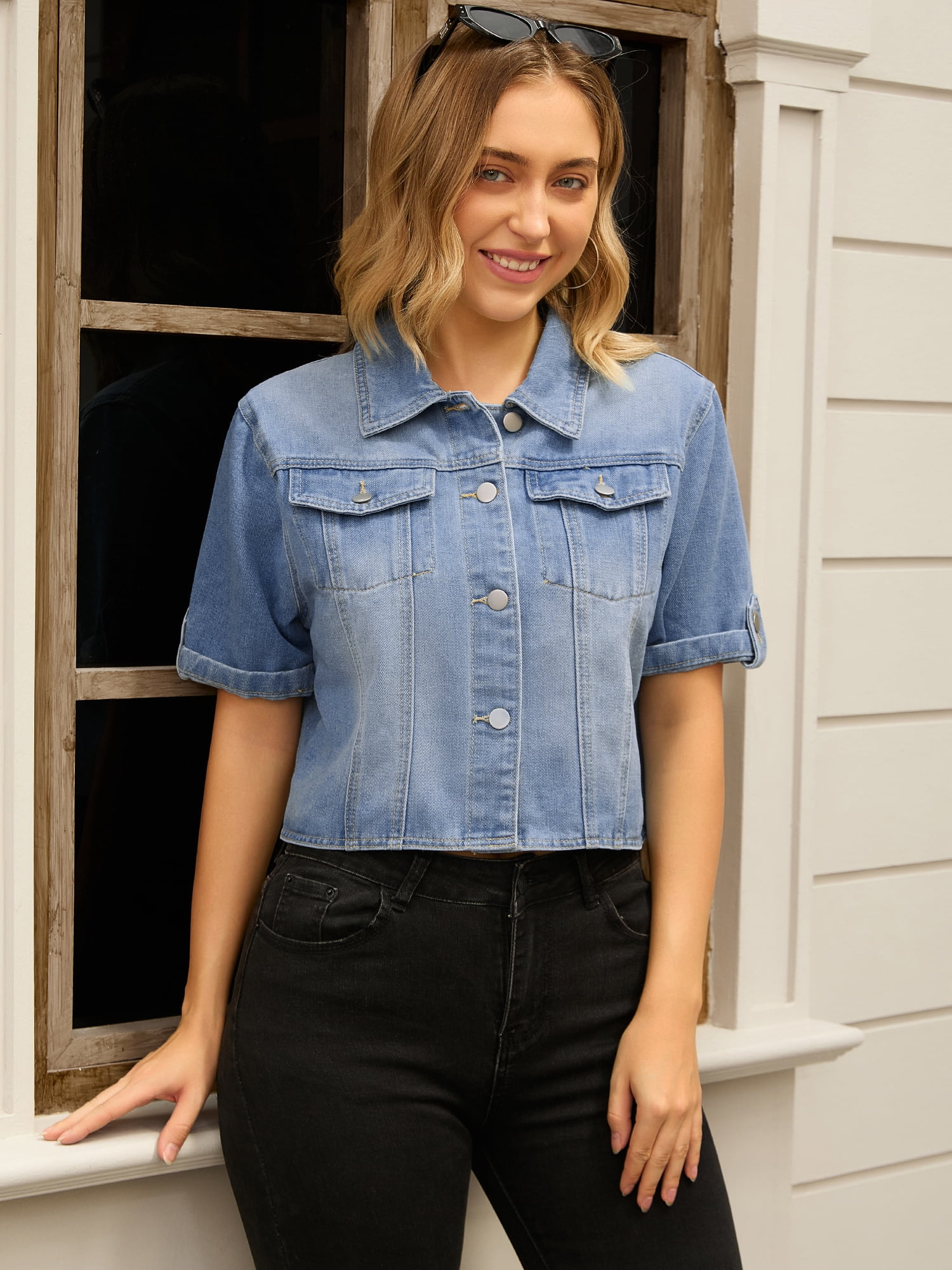 DARING DIVA Women's Short Sleeve Denim Collared Button Up Cropped Jean Jacket S Light Blue