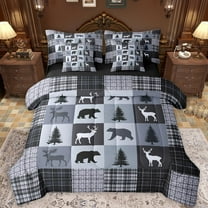 Feelyou Rustic Farmhouse Bear Bedding Comforter Set 7pcs, Reindeer Moose Wildlife King Bedding Sets, Grey Blue Square Plaid Reversible Bed Sheets, Microfiber Bedroom Decor