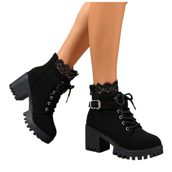 Rokment Vintage Lace Platform Combat Boots for Women 2025 Fall Winter Fashion Casual Chunky High Heel Lug Sole Chukka Dress Ankle Booties Black Size 6.5