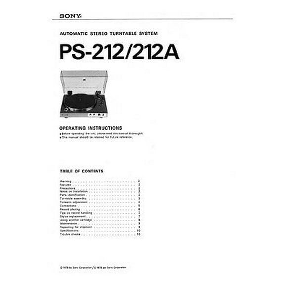 Instruction Manual ONLY for Sony PS-212A Turntable Owners Manual REPRINT
