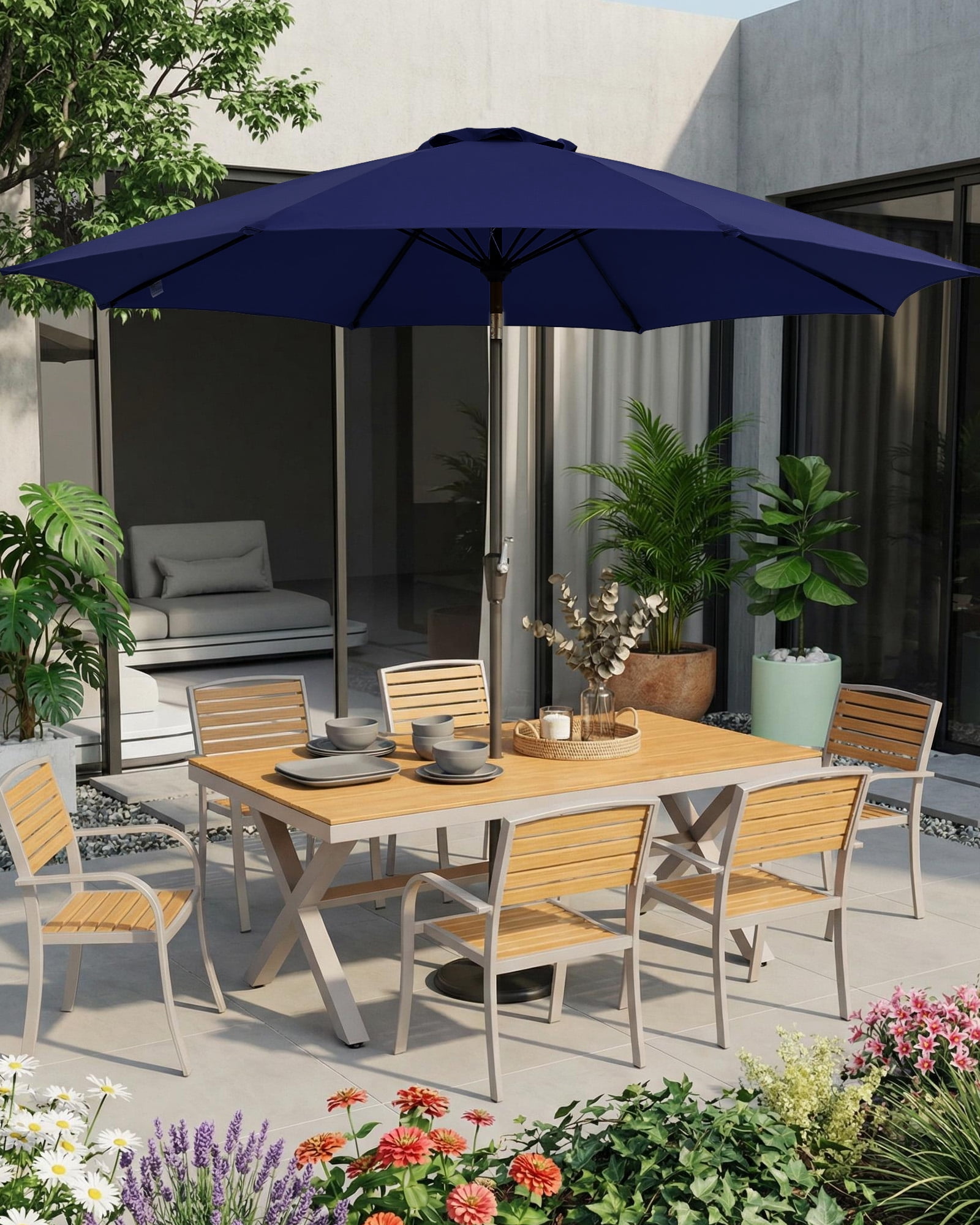 SOLLED 10FT Patio Umbrella with Push Button Tilt & Crank, Outdoor Market Table Umbrella with 8 Ribs for Garden Backyard Deck Pool,Navy Blue