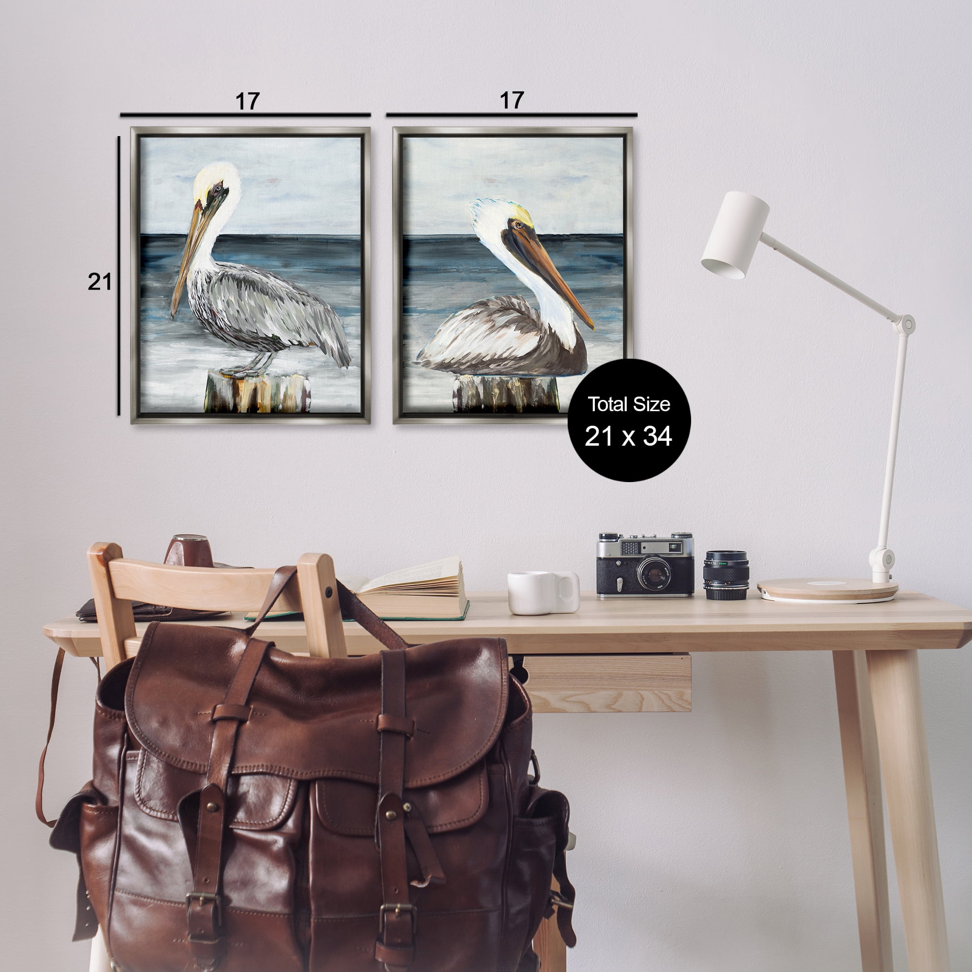 Stupell Industries Beachfront Pelican Log Animals Painting Gray Floater Framed Canvas Art Print Wall Art, 17 x 21, Set of 2