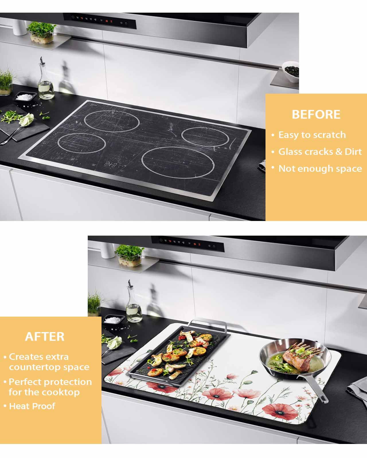 nqOlkjepod Large Induction Cooktop Protector Mat 24"x21", Red Poppy Flower Stove Top Covers for Electric Stove, Garden Floral Botanical Painting Stove Burner Cover Mats, Glass Top Stove Cover