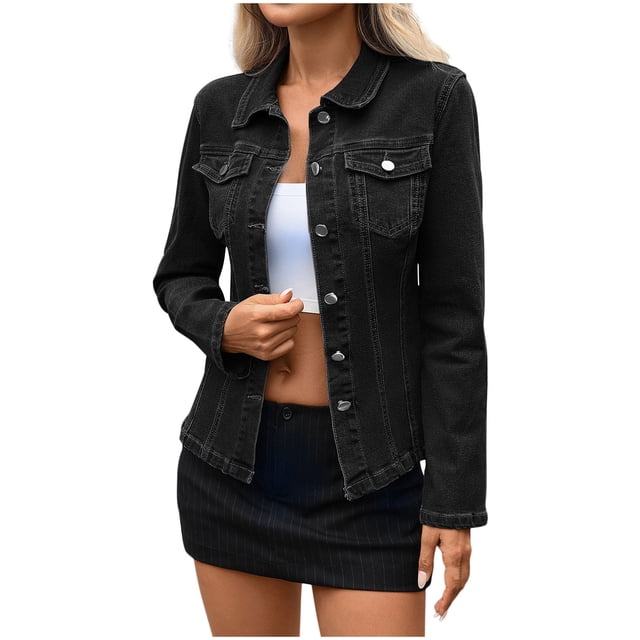 Lovzfmll Denim Chemise en pour Femme, Couleur Unie à Double Poche, Col Rabattu à Boutons, Noir, P